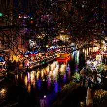 River Walk at night with holiday lights