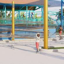 Rendering of kids in front of children's rollercoaster.