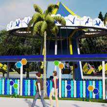 Rendering of people walking in front of swing ride and palm trees.
