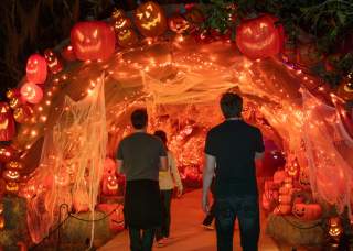 People walking into cave of jack-o-lanterns