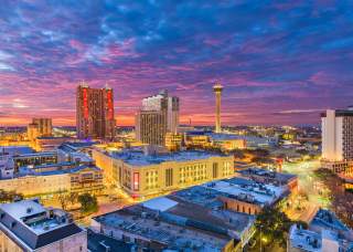 Overhead view of San Antonio skyline at dusk