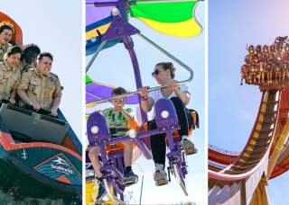 Three photos spliced together of roller coasters and rides