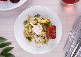 Overhead view of pasta salad in bowl