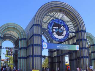 SeaWorld San Antonio entry arches on a clear day.