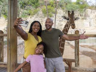 Family posing for selfie photo in front of giraffe at San Antonio Zoo.