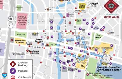 Map of parking areas in downtown San Antonio