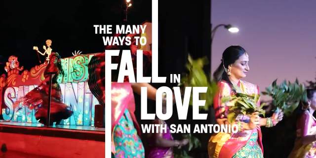 Images from fall events under white text that states "The Many Ways to Fall in Love"