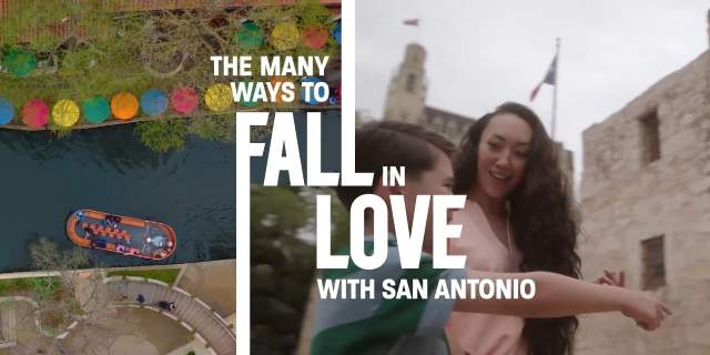 A woman and son under white text that states "The Many Ways to Fall in Love with San Antonio"