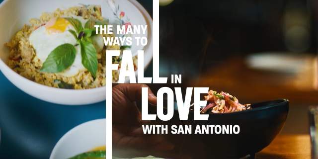 Screen cap of food under "The Many Ways to Fall in Love with San Antonio" text