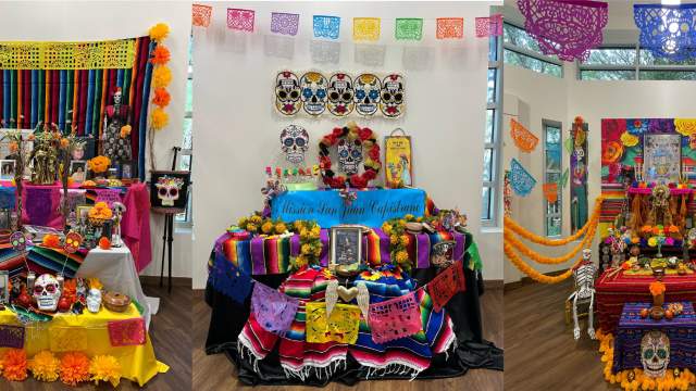 Three photos of Día de los Muertos altars
