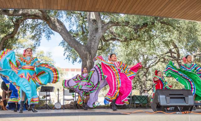 Folklorico dancers dancing at Plaza de Valero pavilion.