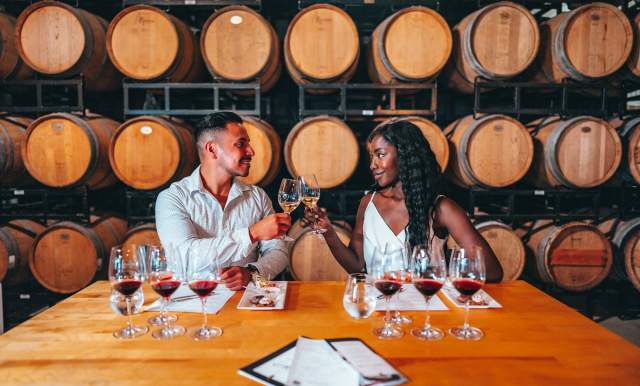Couple toasting wine glasses on a date night