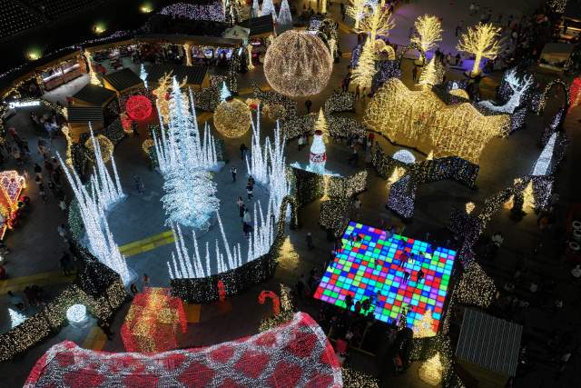 Overhead view of Christma lights at Coca-Cola Classic Christmas in San Antonio.