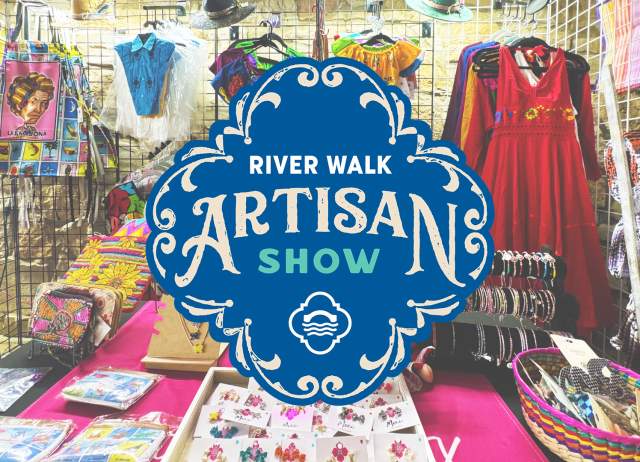 Vendor table with River Walk Artisan Show logo overlay.