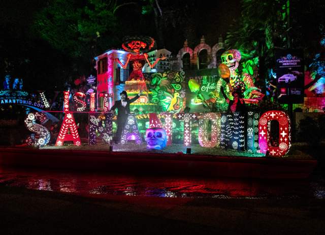 River barge decorated with Dia de los Muertos decor