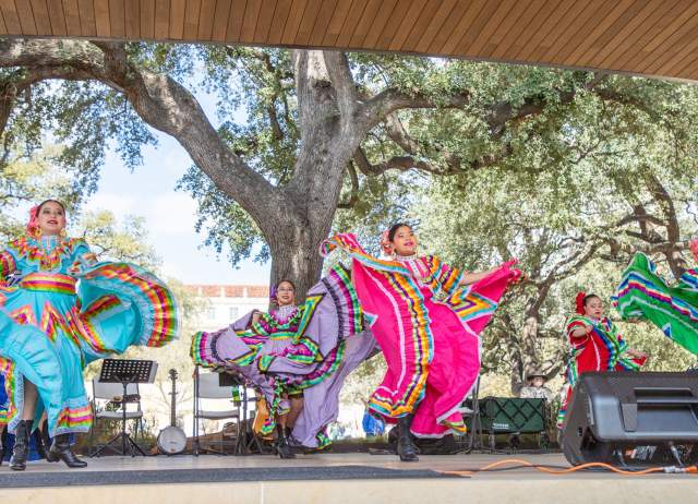 Folklorico dancers dancing at Plaza de Valero pavilion.