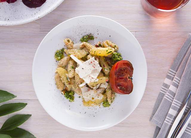 Overhead view of pasta salad in bowl