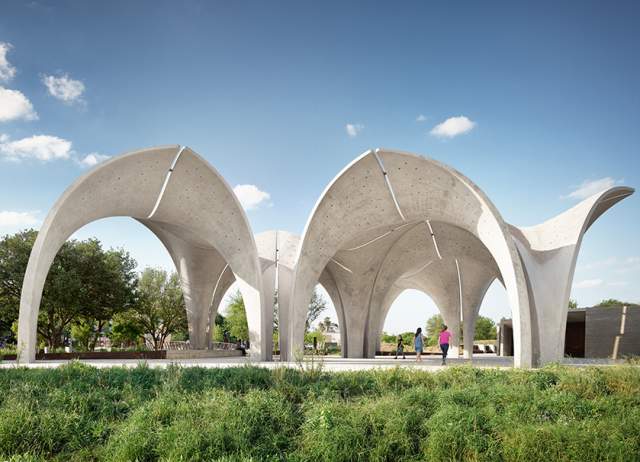 Large structural arches outside at Confluence Park in San Antonio.