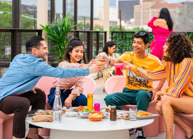 Family toasting on rooftop