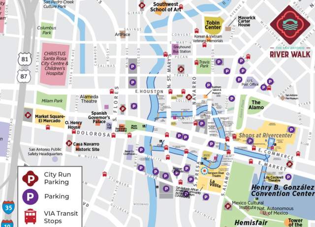 Map of parking areas in downtown San Antonio