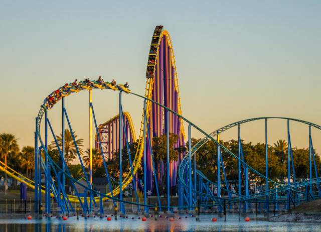 Rollercoaster at SeaWorld San Antonio at dusk.