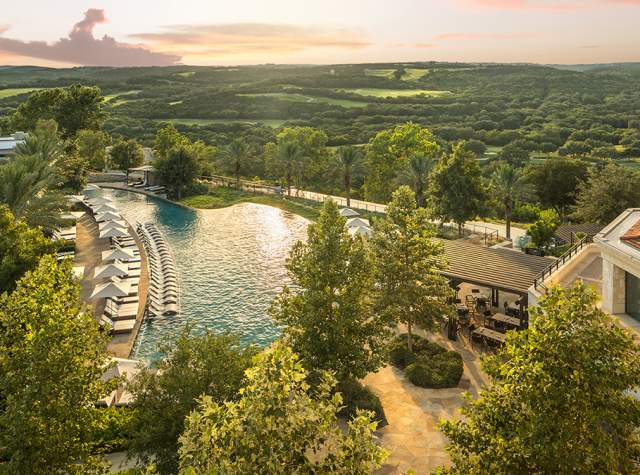 Overhead view of pool and resort