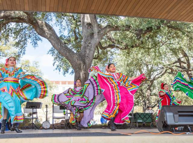 Folklorico dancers dancing at Plaza de Valero pavilion.