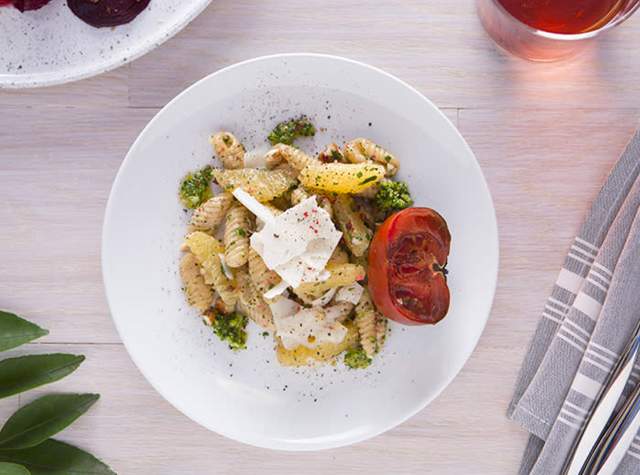 Overhead view of pasta salad in bowl
