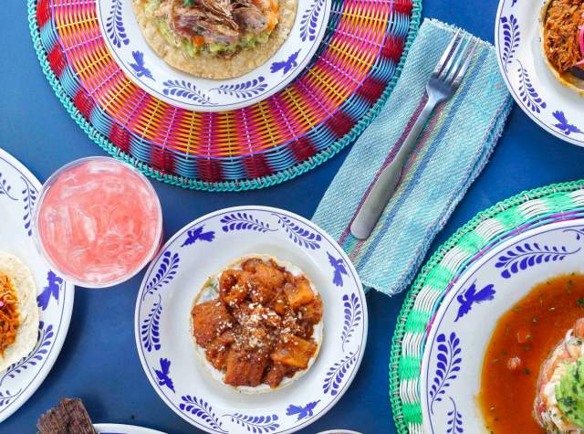 Overhead view of Mexican cuisine spread