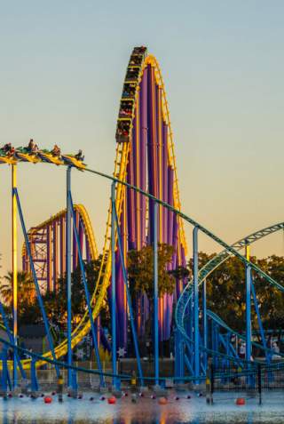 Rollercoaster at SeaWorld San Antonio at dusk.