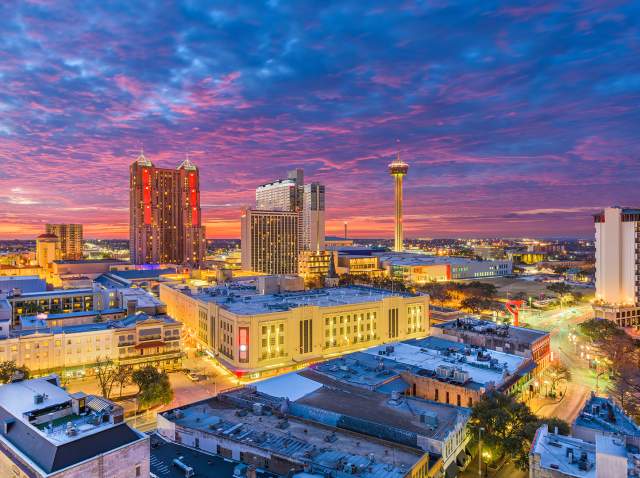 Overhead view of San Antonio skyline at dusk