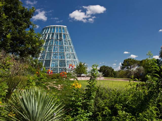 Exterior view of glass conservatory at San Antonio Botanical Garden.