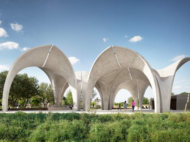 Large structural arches outside at Confluence Park in San Antonio.