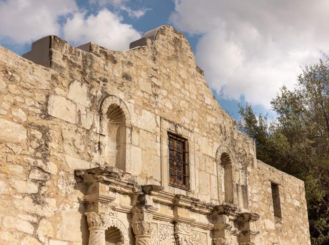 Upper portion of Alamo's facade.