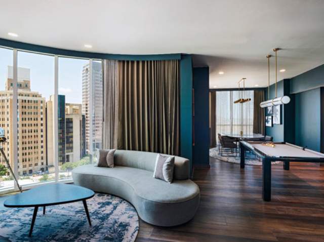 Spacious hotel room with large windows