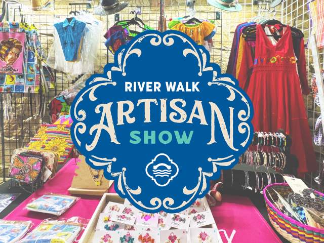 Vendor table with River Walk Artisan Show logo overlay.