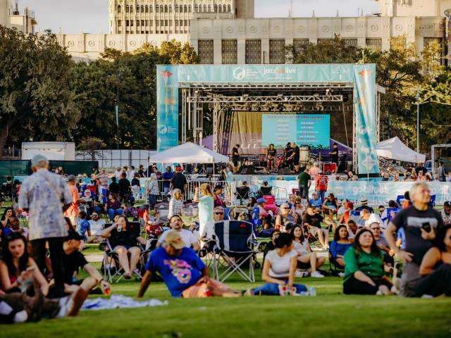 Outdoor music festival guests watching performance