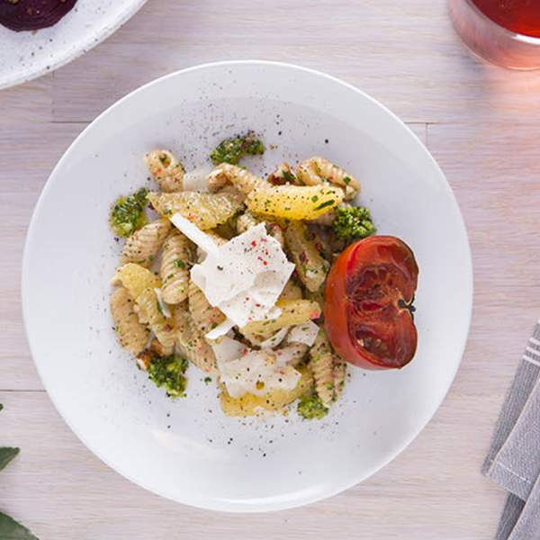 Overhead view of pasta salad in bowl