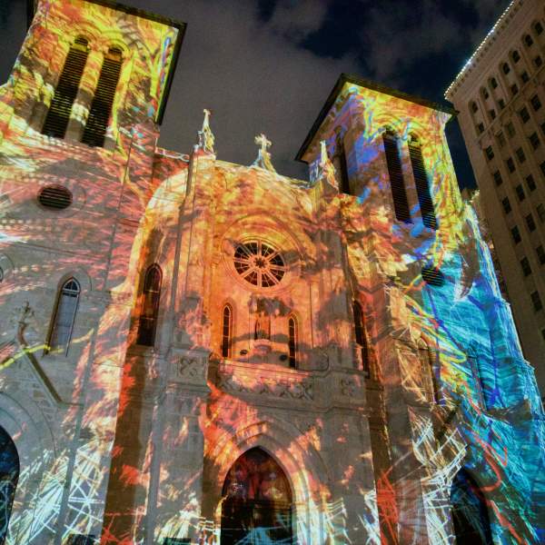 Light show projected onto San Fernando Cathedral