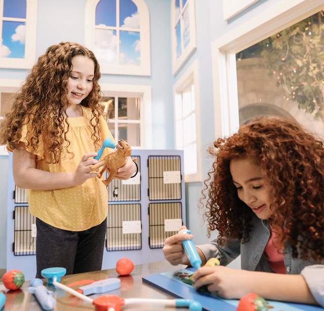 two girls interacting with toys