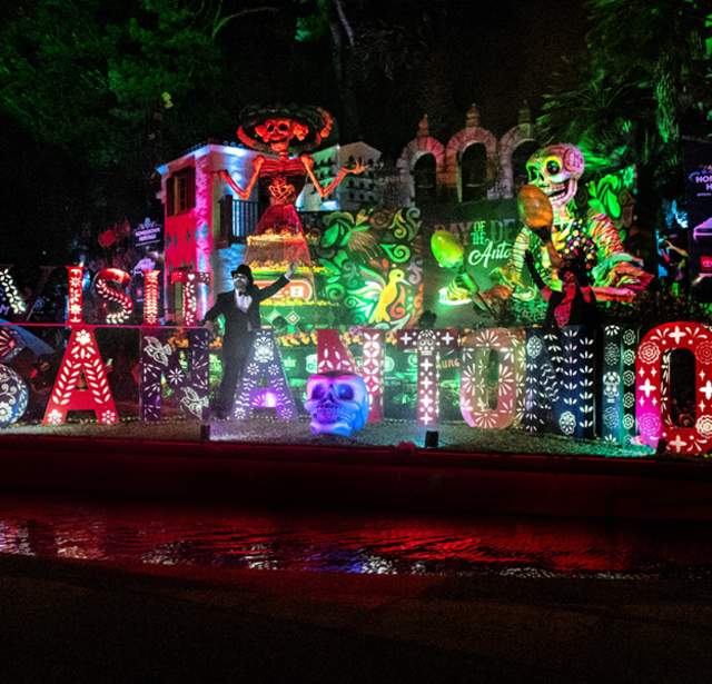 River barge decorated with Dia de los Muertos decor