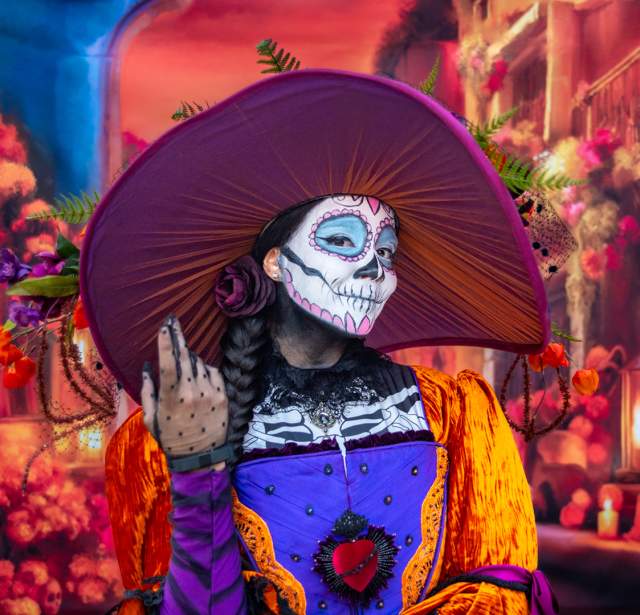 Woman dressed with sugar skull makeup at San Antonio Botanical Garden