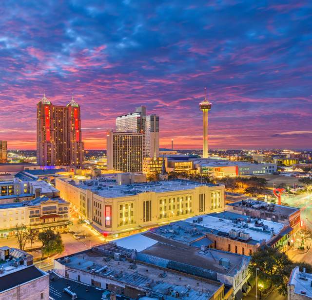 Overhead view of San Antonio skyline at dusk