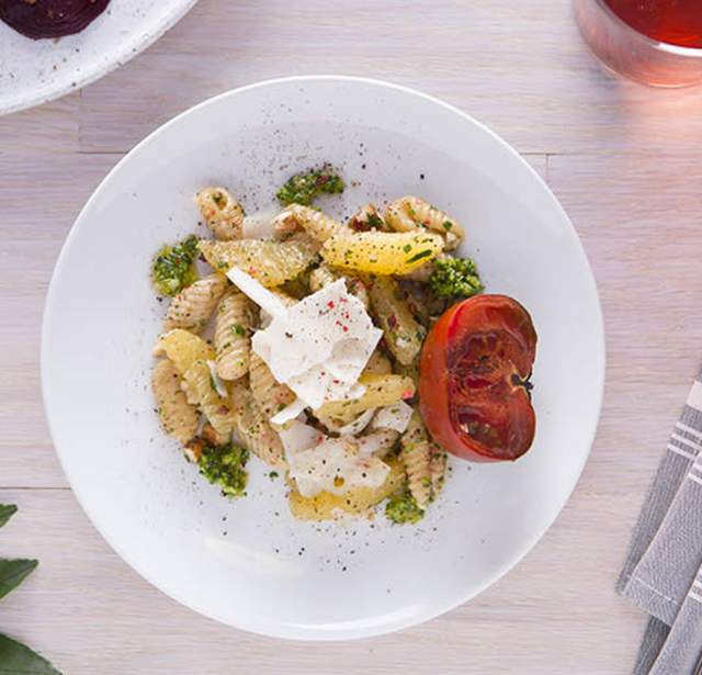 Overhead view of pasta salad in bowl