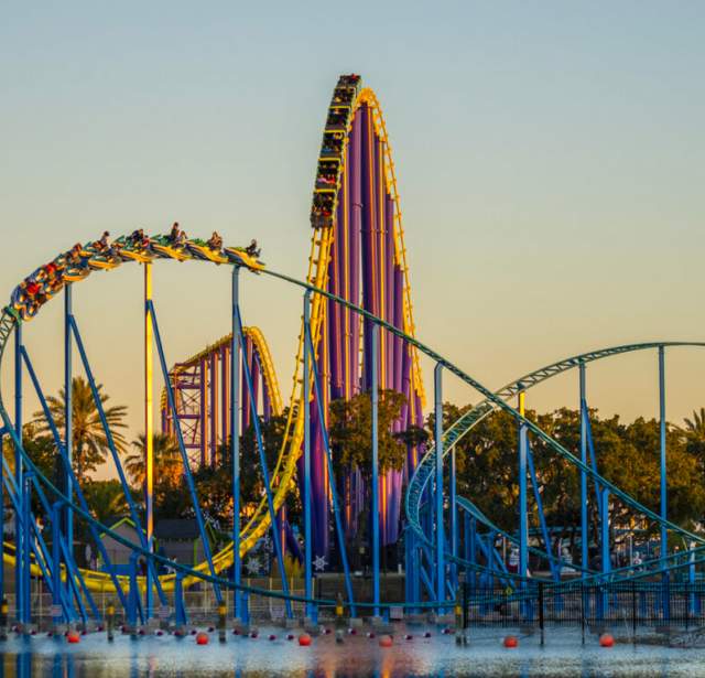 Rollercoaster at SeaWorld San Antonio at dusk.