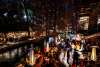 San Antonio River Walk at night with holiday lights