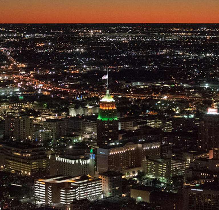 Bird's eye view of San Antonio from helicopter with Alamo Helicopter Tours.