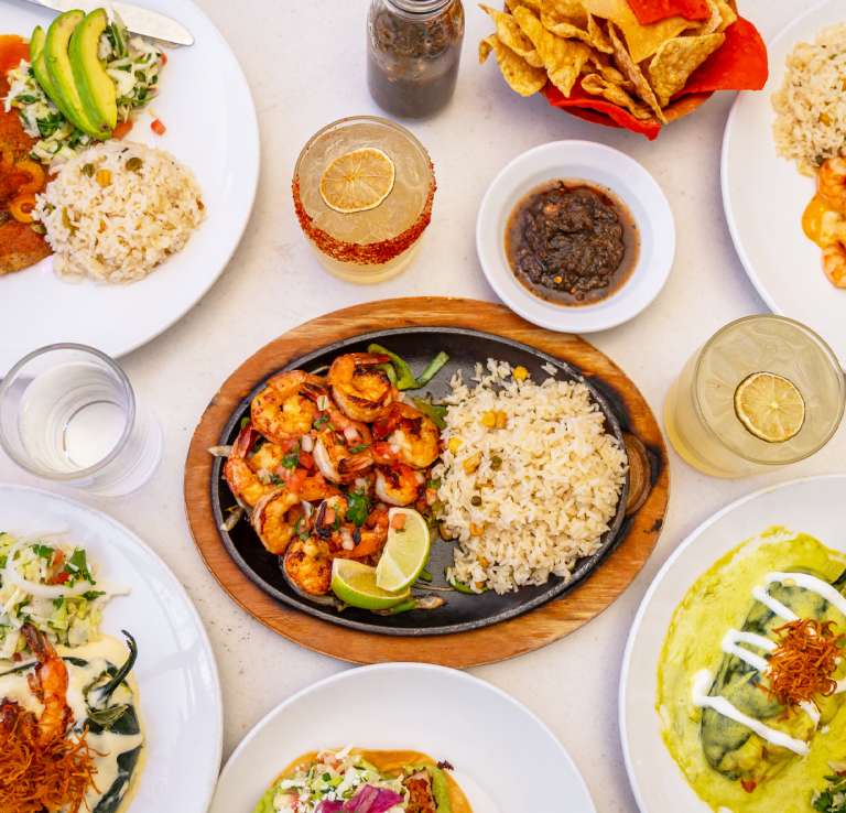 Overhead view of food spread at Rosario's restaurant.