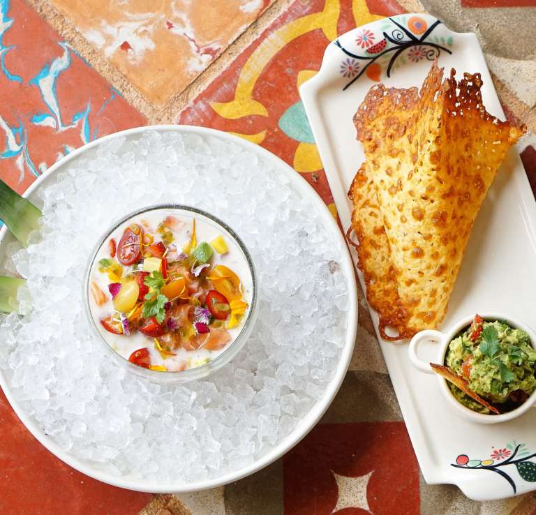 Overhead view of food and dish on ice