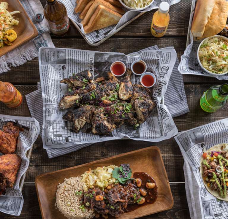 Overhead view of food spread